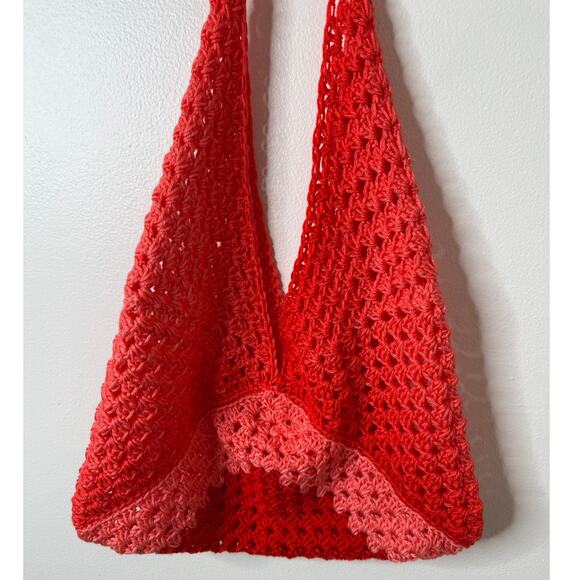 Handmade Crochet Pink Red Slouchy Oversized Crossbody Bag Purse Tote Beach Y2K - Picture 6 of 8